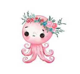 Cute pink octopus wearing a floral crown surrounded by vibrant colors