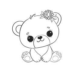 Cute bear character with flower decoration in black and white illustration for coloring pages or art projects