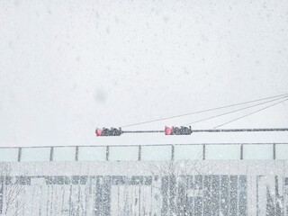 View of heavy snow falling in Korea. climate change. view of falling large flakes of snow.