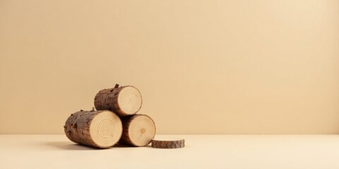 Rustic Wooden Logs Arranged on a Neutral Background, Ideal for Minimalist Product Displays or Nature-Inspired Designs