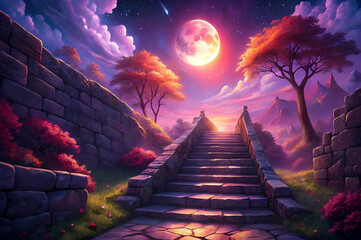 Mystical Stone Steps To Sunrise Landscape and Sky Art Illustration for