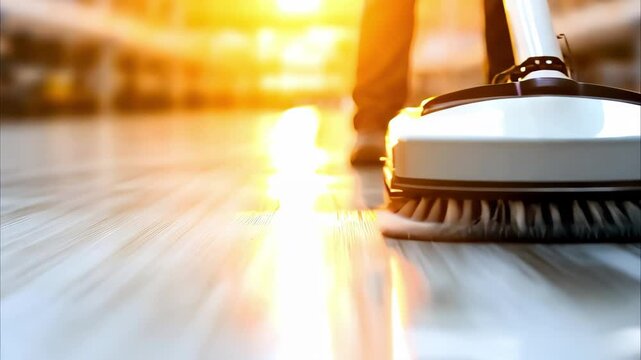 A person cleaning a floor with a floor scrubber in a brightly lit environment.