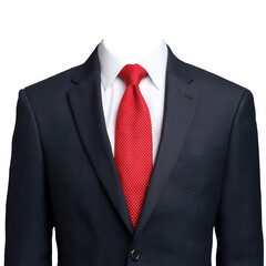 A man wearing a black suit and a red tie