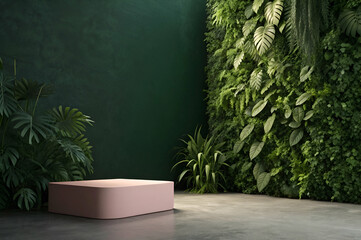 Pink Podium Display In Lush Green Tropical Botanical Interior Mockup Featuring