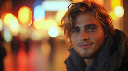 Obraz premium Casual Nighttime Portrait of Smiling Person
