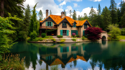 Fototapeta premium Colorful stone luxury house in the forest 