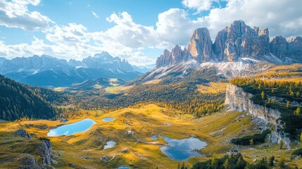 Spectacular Alpine Landscape: Breathtaking View of Dolomites Mountains and Serene Lakes
