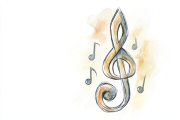 Naklejka premium A beautiful watercolor illustration of a treble clef surrounded by musical notes, evoking creativity and the joy of music.