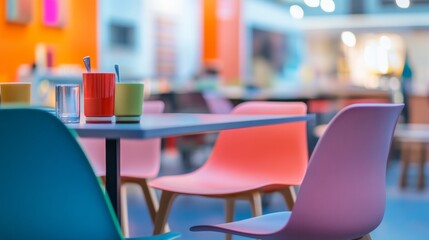 Colorful modern cafe interior with vibrant furniture