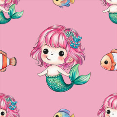 Colorful underwater design featuring a cheerful mermaid and playful fish in a vibrant pattern