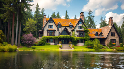 Colorful stone luxury house in the forest	
