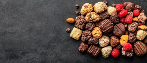 Obraz premium Pile of assorted gourmet chocolates and nuts on a black background with a focus on luxury and flavor