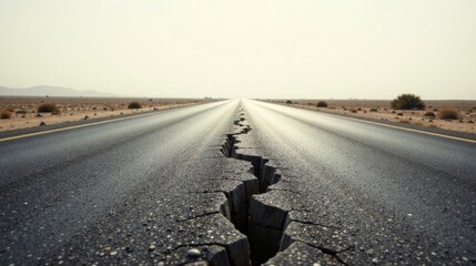 A long, desolate highway stretches into the distance, its surface marred by a significant crack running down the center, a visual metaphor for division or disruption