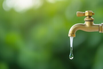 Dripping water from a brass faucet outdoor garden close-up natural setting freshness concept