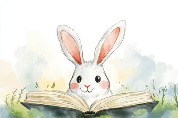 Obraz premium A cute rabbit sits happily in front of an open book amidst a lush, green landscape, embodying the joys of reading and the beauty of nature.