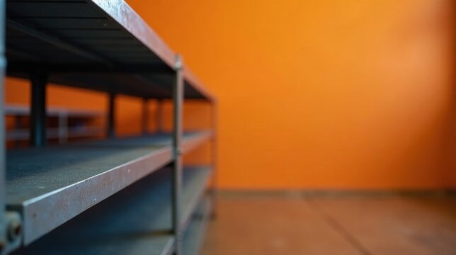 A close-up perspective of a sturdy metallic shelving unit positioned against a vibrant orange wall, capturing the industrial aesthetic and simple design elements