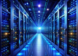 Obraz premium Futuristic Dark Blue Data Center Corridor with Bokeh - Stock Photo