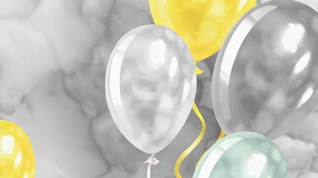 Colorful balloons floating against a soft, cloudy background