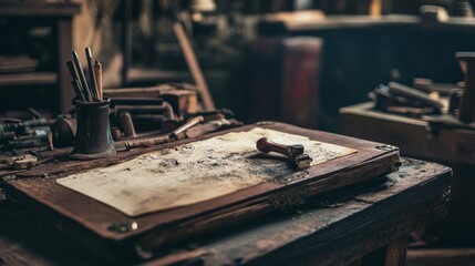 Vintage desk with typewriter and old documents