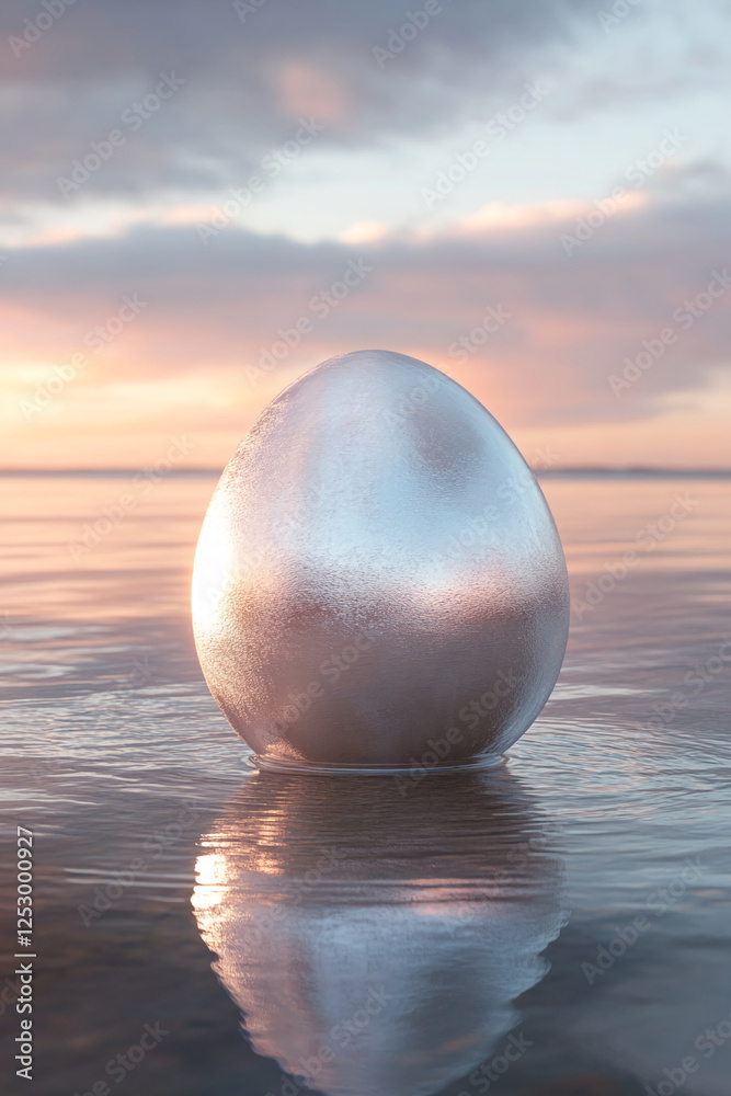 Poster a reflective metallic egg-shaped object on a calm water surface during sunset, symbolizing surreal b