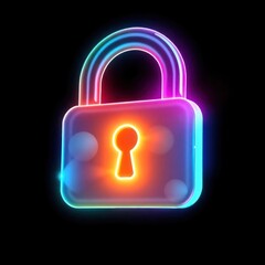Colorful neon lock symbolizing security and protection against digital threats in a dark background (1)