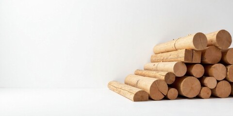 A neatly stacked pile of light-colored cylindrical wood pieces against a minimalist white backdrop