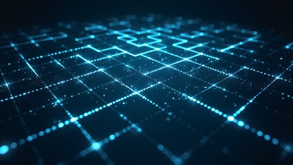 A futuristic and high-tech scene featuring a grid of interconnected, glowing blue lines on a dark surface. The image conveys a sense of advanced technology and digital connectivity, with sparkling par