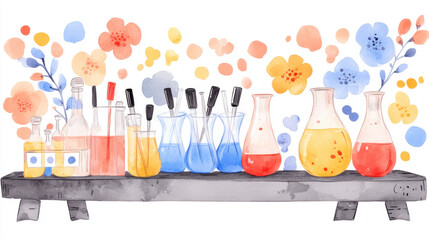 LAB laboratory, A scientific research lab featuring glass beakers, flasks, and pipes in a high-fidelity image.