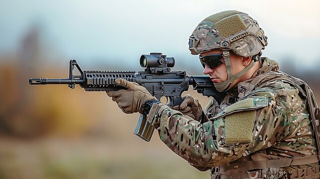 Soldier in camo aims rifle outdoors at target during military exercise, training. - Powered by Adobe