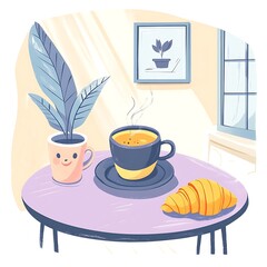 Cozy morning: coffee, croissant, and plant on a round table by a window.