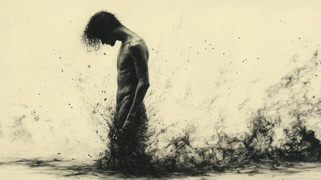 Man, dark liquid, despair, studio shot, emotional art