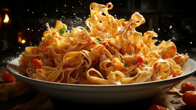 Dynamic Mid-Air Shot of Handmade Pasta Twirling in Slow Motion with Flour Particles and Dramatic Lighting