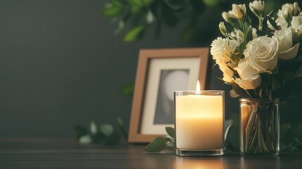 A candlelit memorial altar with fresh flowers, sympathy cards, and framed photographs, warm and serene tone