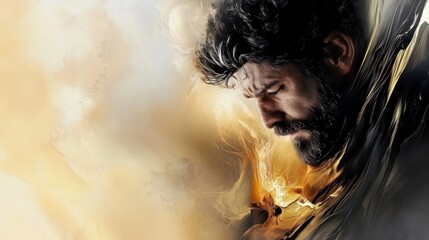 Pensive Man with Golden Dust and Dramatic Lighting