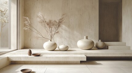 Serene interior design featuring neutral tones, textured walls, and minimalist ceramic objects creating a calming visual narrative