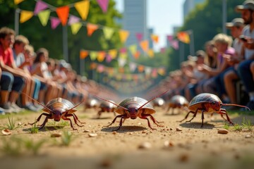 Fototapeta premium A lively cockroach race taking place in a vibrant urban park. Spectators cheer for their favorite cockroaches as colorful banners flutter in the breeze