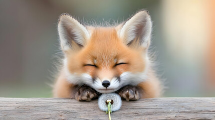 Obraz premium Cute red fox kit resting on wood, dandelion, nature