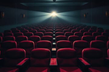 Empty movie theater with red seats and a spotlight illuminating the screen, creating a cinematic atmosphere