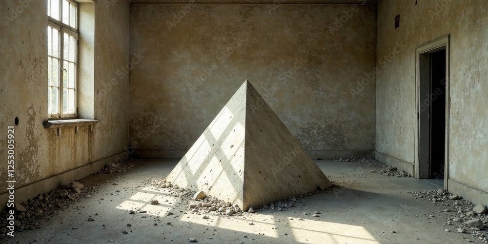 Poster sunlit pyramid in a derelict building a study in contrast and decay