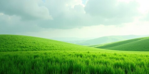 Naklejka premium Serene Rolling Hills Landscape Featuring Lush Green Meadows Under a Cloudy Sky