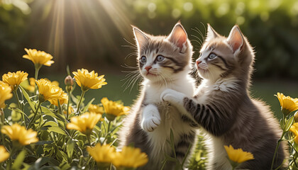Obraz premium Adorable Kittens Playing Joyfully Among Yellow Flowers in Sunlight