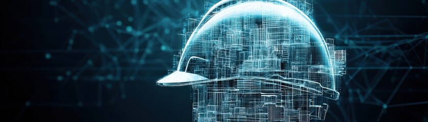 Obraz premium Futuristic digital construction helmet representing advanced technology and innovation in the construction industry. Perfect for tech and engineering themes.