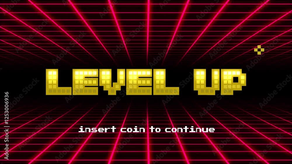 Poster Pixel art game level up press start background.Video game level up background. Retro 8 bit video game interface with You Win text, computer game level up background.	
