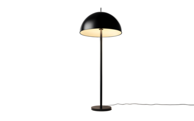 A minimalist black floor lamp with a large round shade on a empty plain background