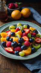 A plate with a bright fruit salad on the table, featuring a colorful mix of fresh, seasonal fruits.