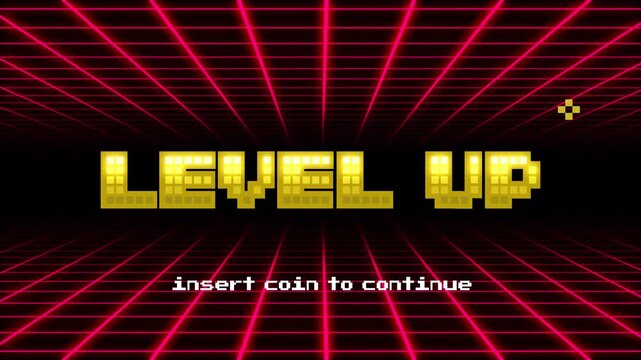 Pixel art game level up press start background.Video game level up background. Retro 8 bit video game interface with You Win text, computer game level up background.	
