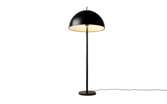 A minimalist black floor lamp with a large round shade on a empty plain background