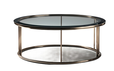 A minimalist round coffee table with a metal frame and glass top on a empty plain background