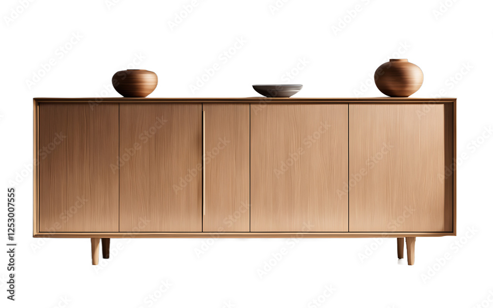 Aufkleber A minimalist wooden sideboard with smooth lines and no handles on a empty plain background