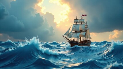 Obraz premium A Majestic Wooden Sailing Vessel Navigates Turbulent Ocean Waves Under a Dramatic Sky